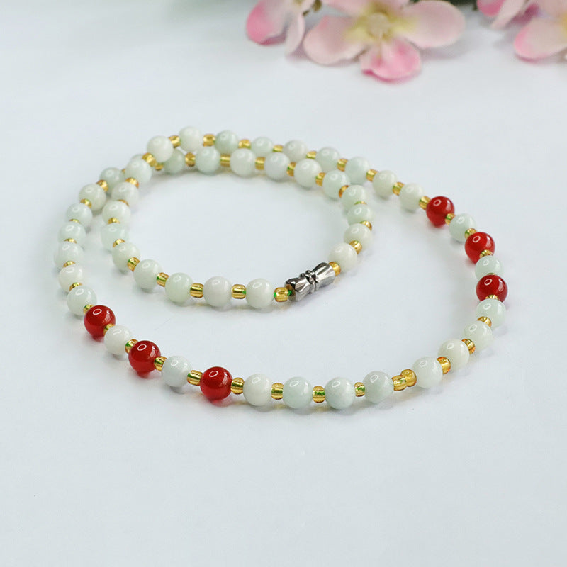 Natural Jade Necklace Red Agate Chain Light Colour Jade Golden Bead Chain