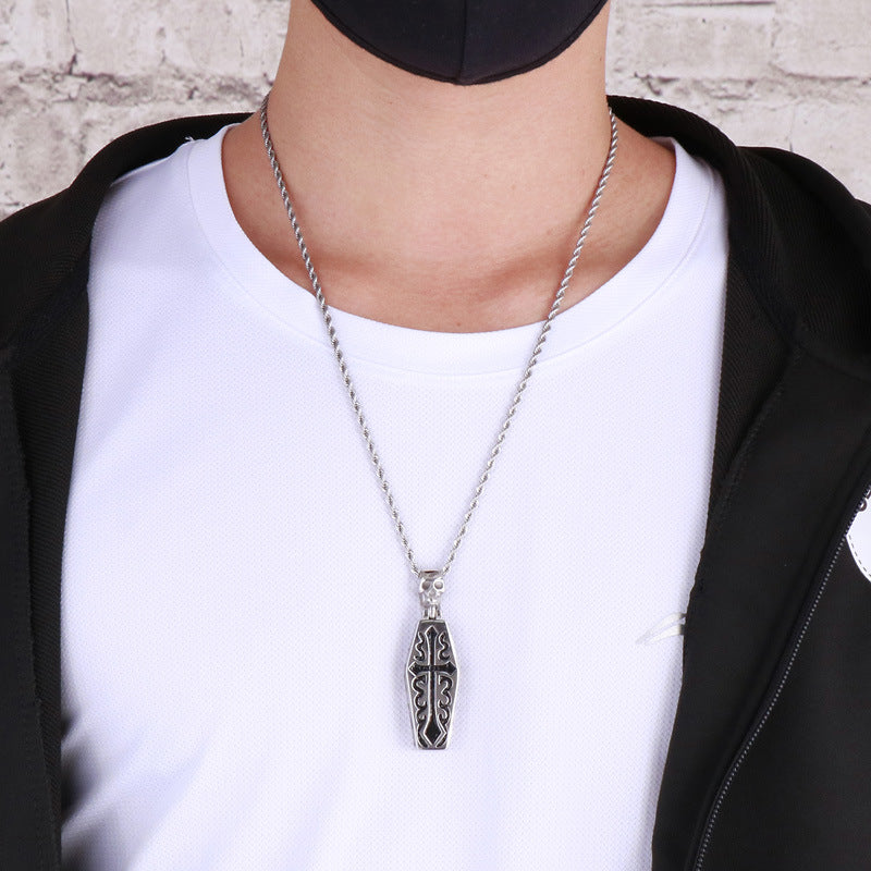 Men's Titanium Steel Skull Necklace with Cross Flower Design for Halloween Costume