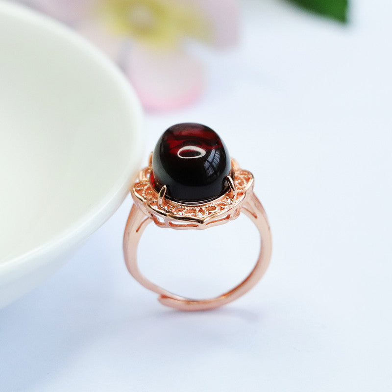 Blood Amber Lace Flower Ring with Sterling Silver