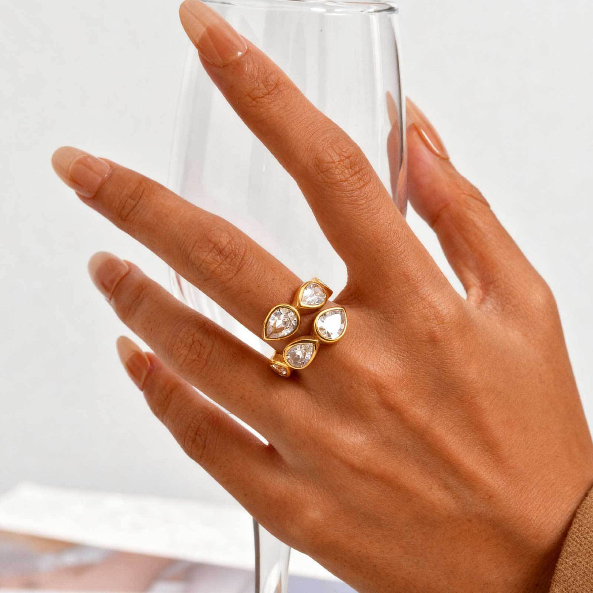 Stainless Steel Water Drop Zircon Embellishment Ring Elegant