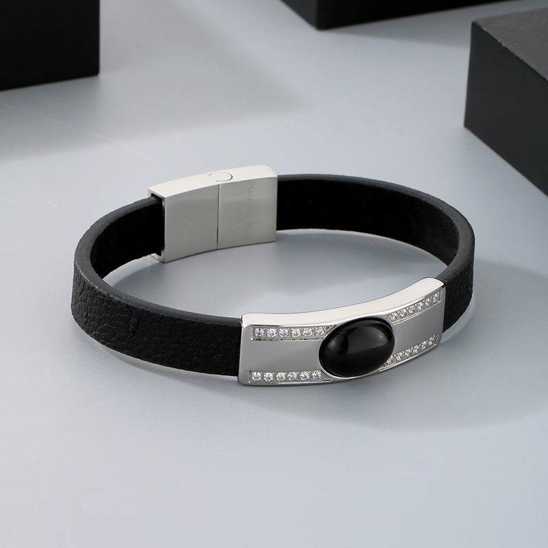 Planderful Leather Bracelet For Men Zircon Encrusted