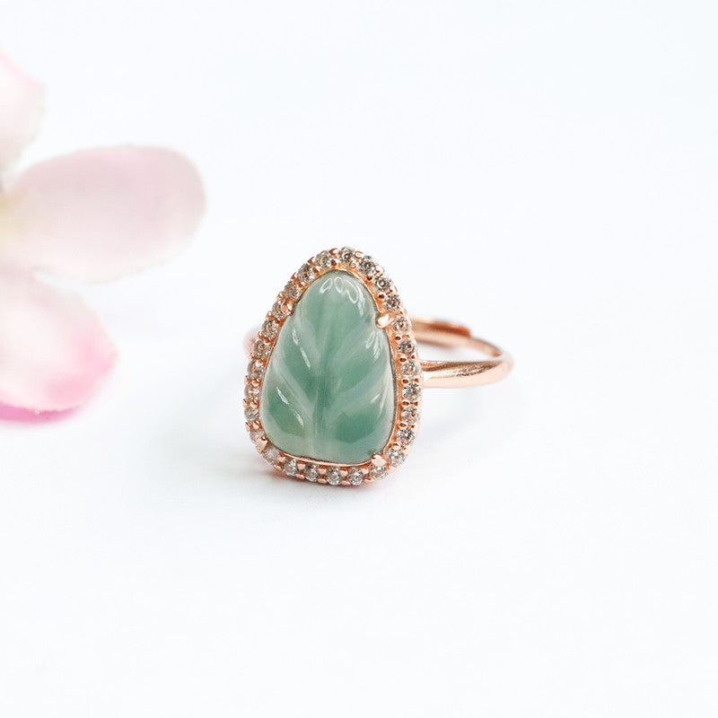 Ice Blue Green Leaves Jade Sterling Silver Ring