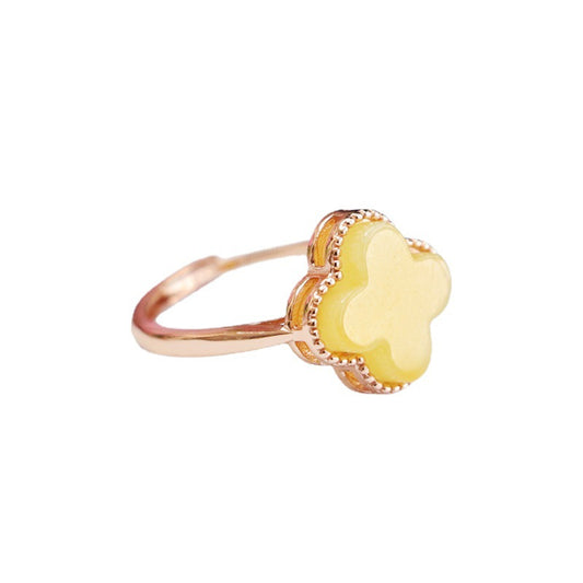 Russian Amber and Sterling Silver Adjustable Clover Ring
