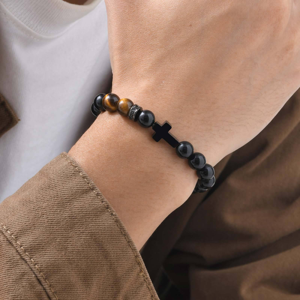 Men's Black Stainless Steel Cross Natural Glossy Agate Tiger's Eye Beaded Bracelet