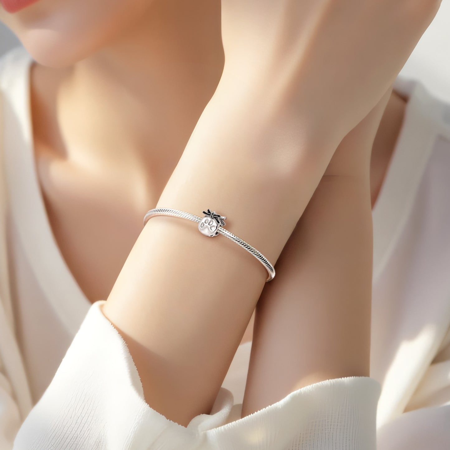 Planderful Jewelry Beaded Bracelet With Bow Dog Paw Pendant In S925 Sterling Silver