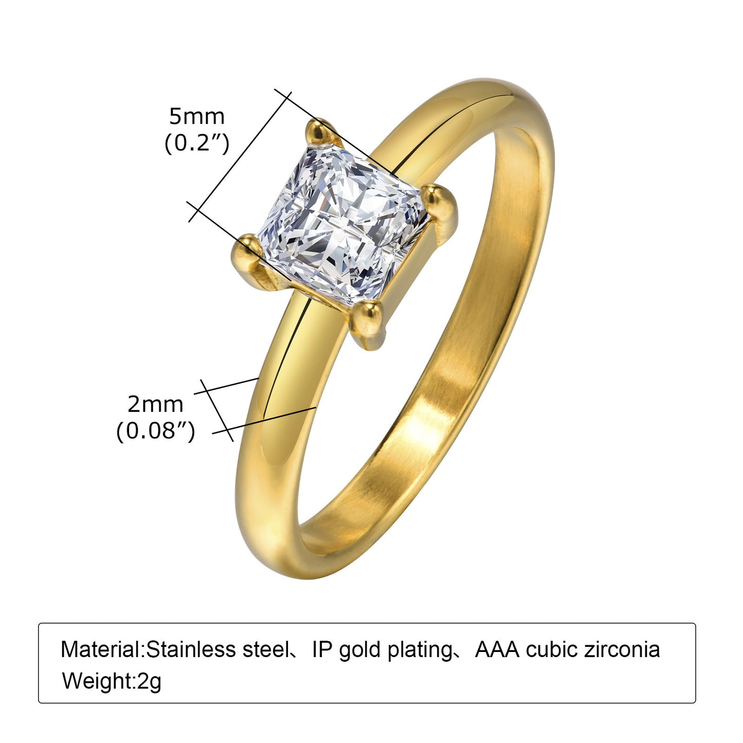 Various Stainless Steel 18K Gold White Black Square Zircon Ring Women