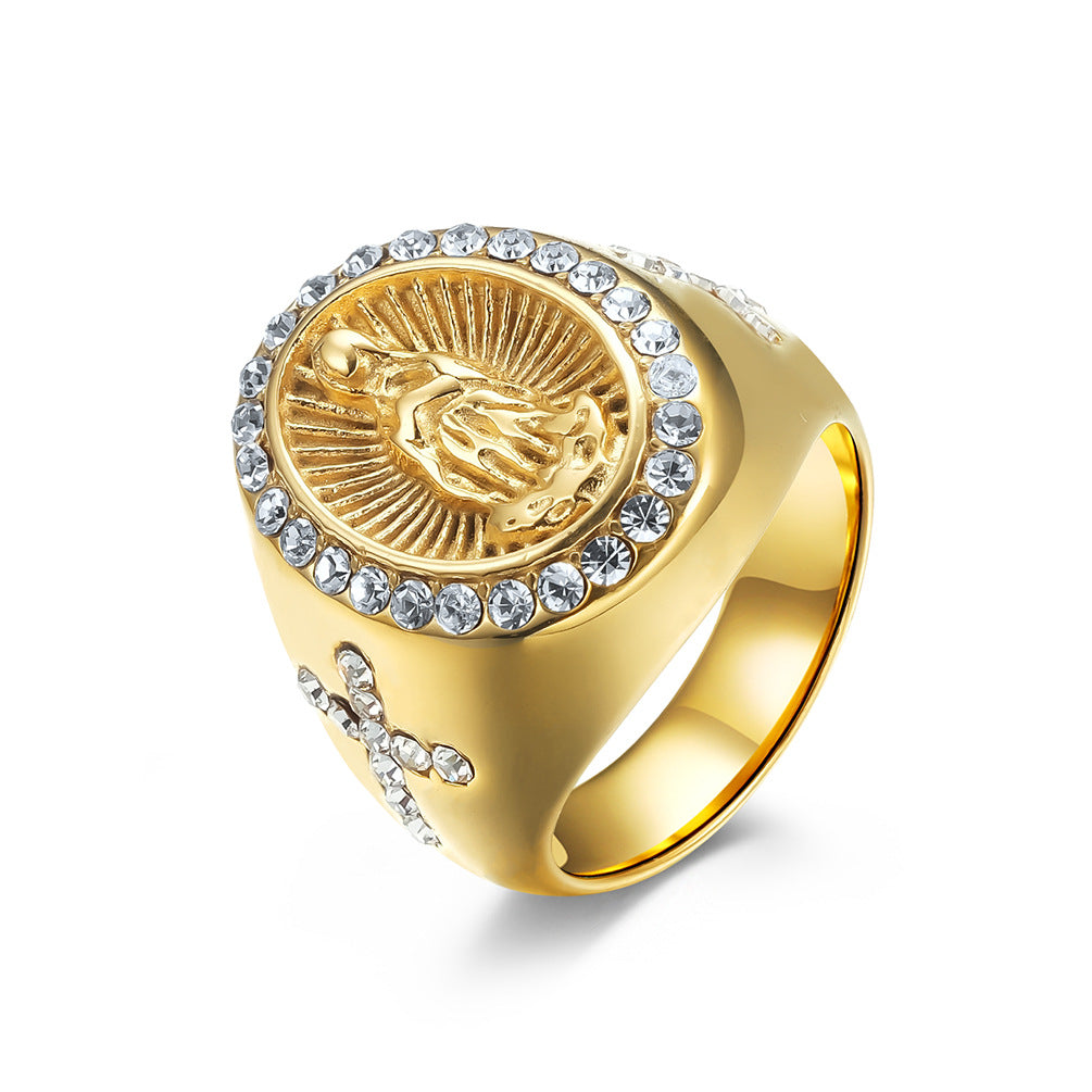 Planderful Virgin Mary Cross Zircon Ring Stainless Steel Gold Plated For Women Elegant Jewelry