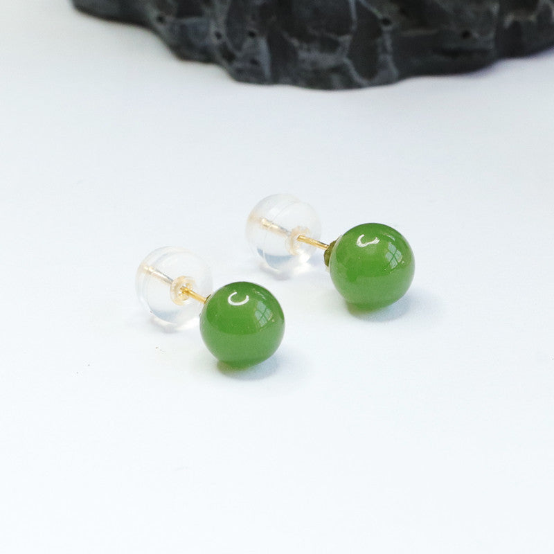 Ear Studs with Natural Hotan Jade Jasper Round Beads - Sterling Silver Jewelry