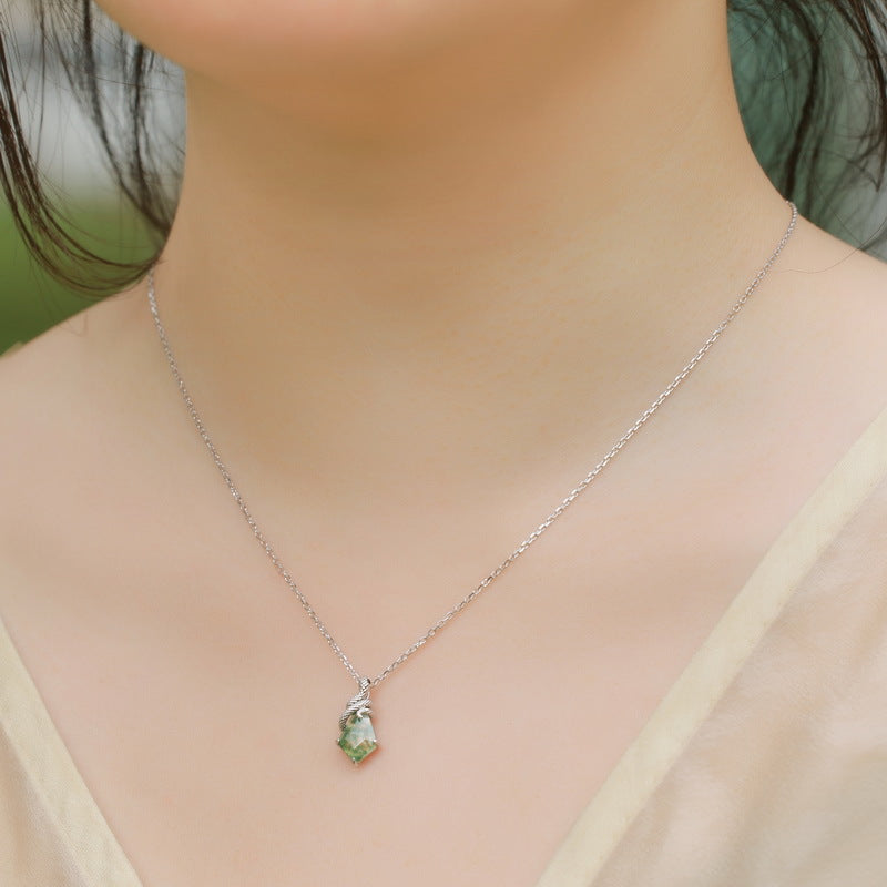 Planderful Jewelry Moss Agate Necklace Sterling Silver Snake Pendant Collarbone Chain