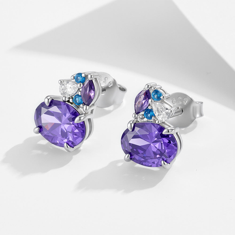 S925 Sterling Silver Colored Gemstone Stud Earrings Geometric Horse Eye Oval Purple Zircon