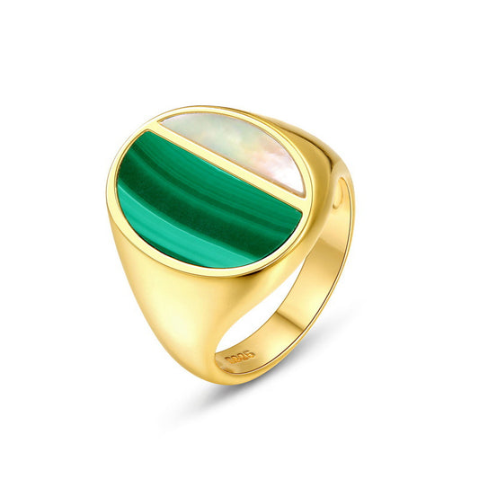 Malachite and Mother of Pearl Exaggerated Oval Shape Sterling Silver Ring