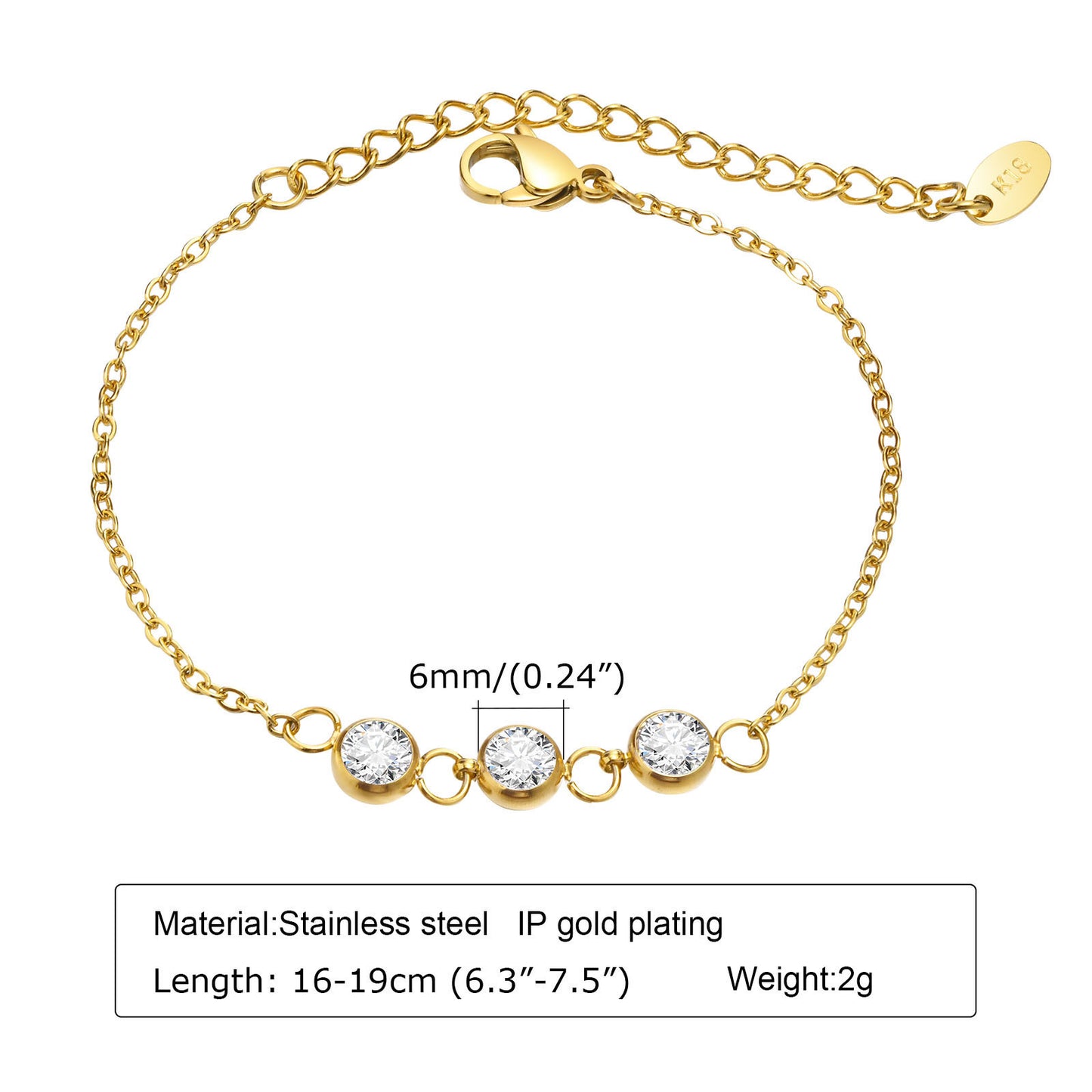 Stainless Steel White Zircon Thin Bracelet Gold Chain Jewelry