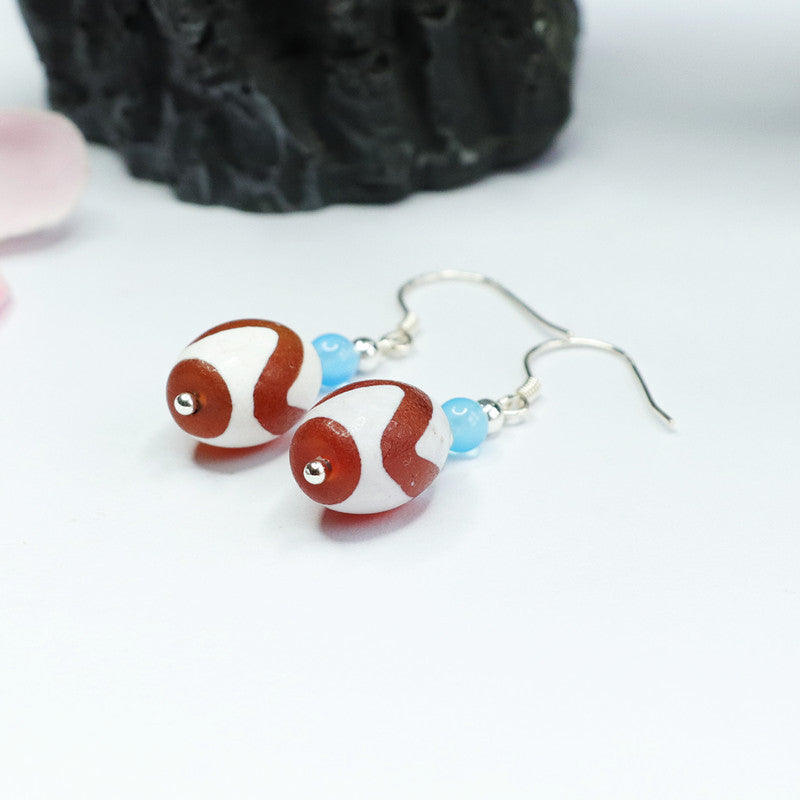 Tiger-Tooth Dzi Bead 925 Silver Hook Earrings