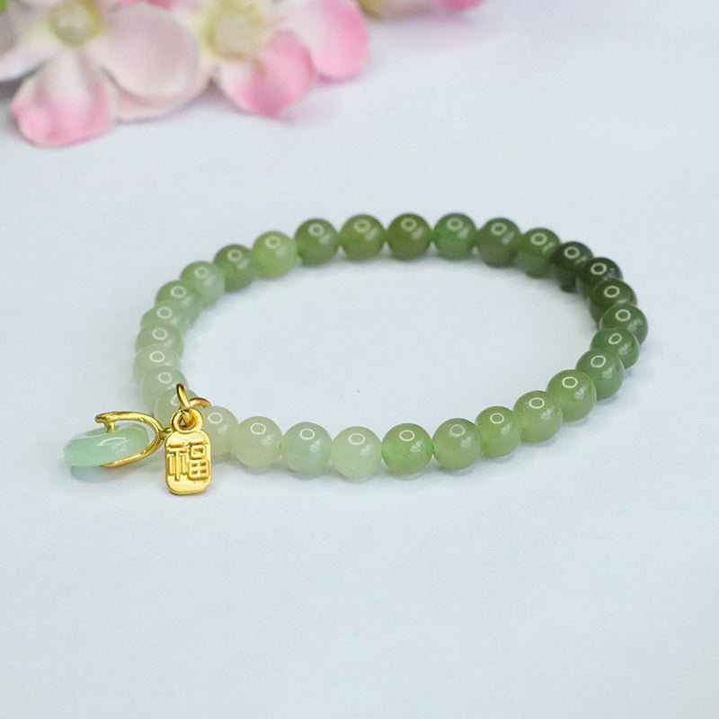 Fortune's Favor Sterling Silver Bracelet with Natural Hetian Jade Qingshui Gradient and Ping An Clasp for Women