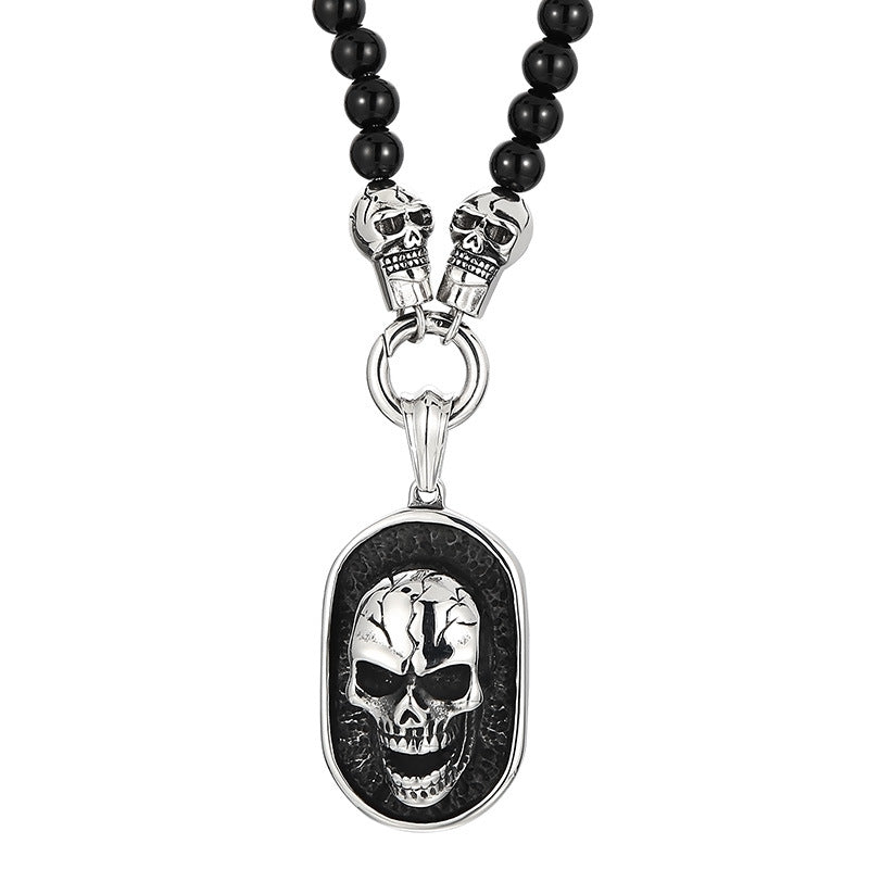 Titanium Steel Skull Necklace with Dark Zircon-Studded Ghost Head Agate Beads for Men