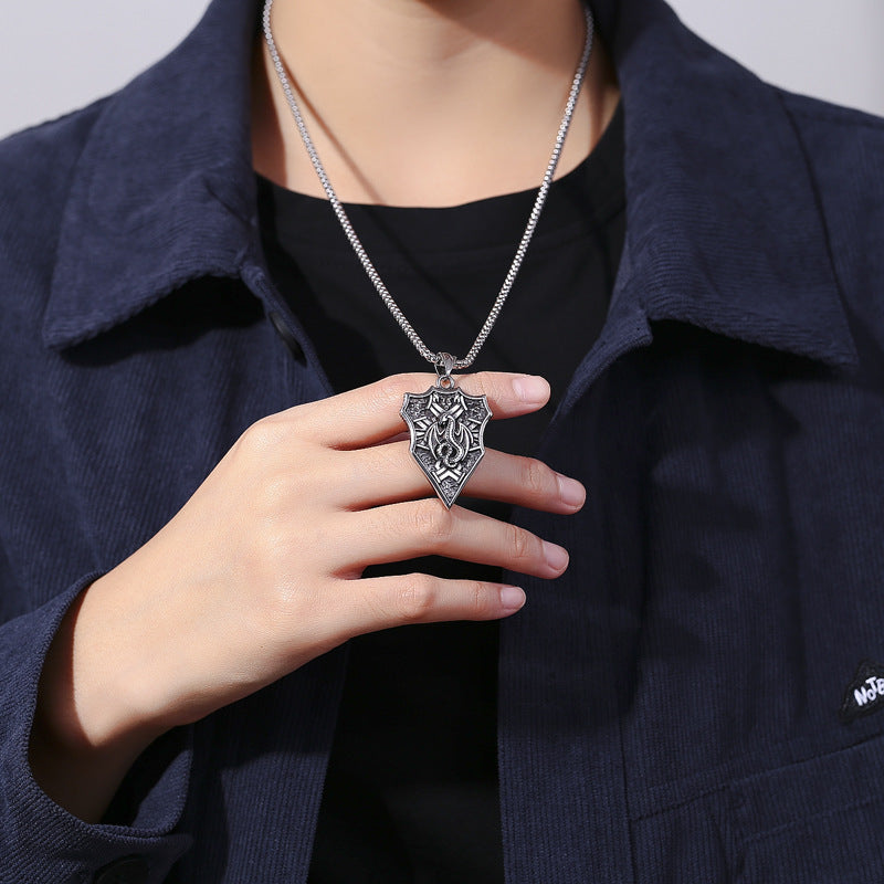 Steel Necklace - Statement Nordic Viking Dragon Shield Design For Hip Hop Fashion And Everyday Wear