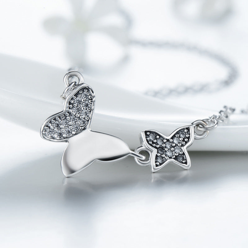 Retro Zircon Inlaid Sterling Silver Necklace with Butterfly Collarbone Chain