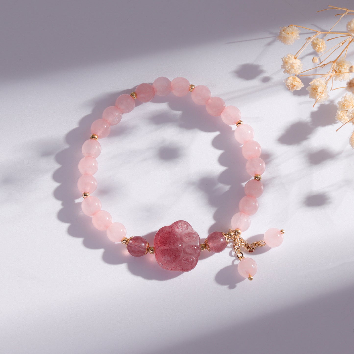 Strawberry Crystal Tassel Bracelet with Cat Claw Design