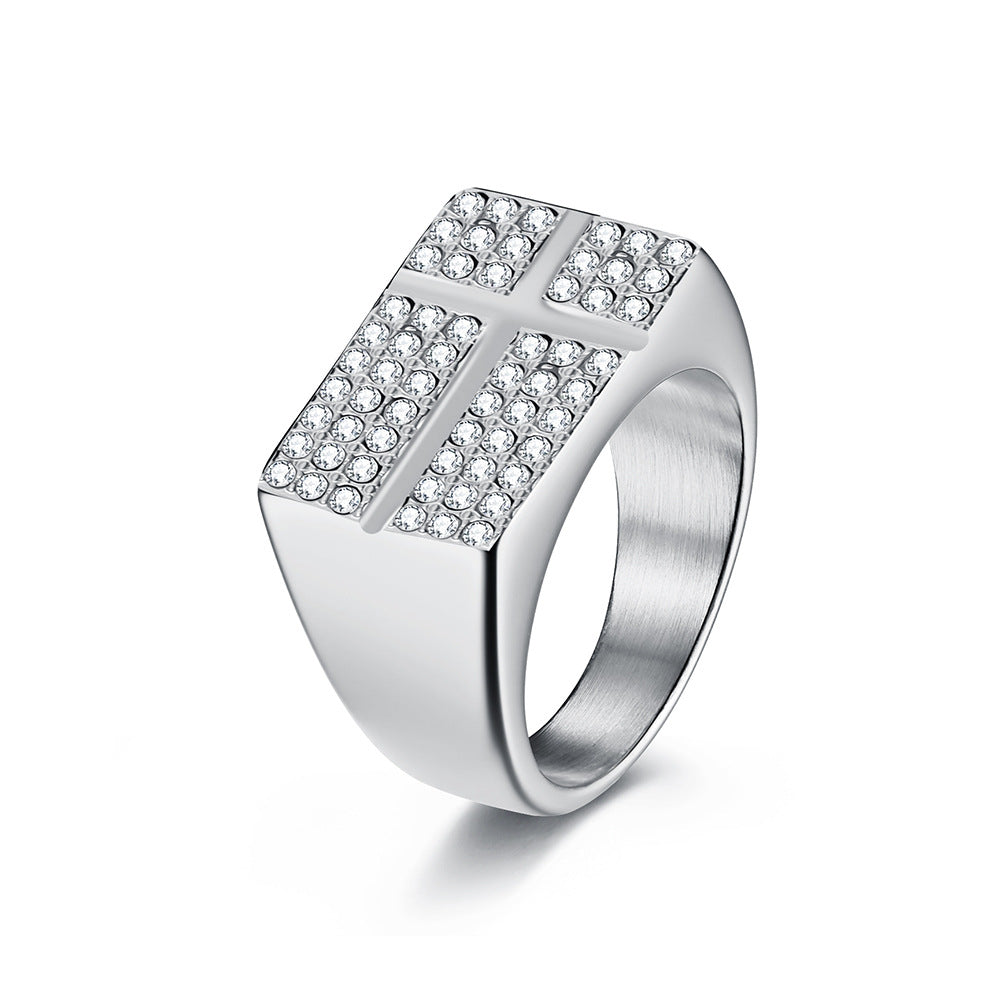 Planderful Zircon Cross Ring For Men Titanium Steel Gold Plated Light Luxury Street Style