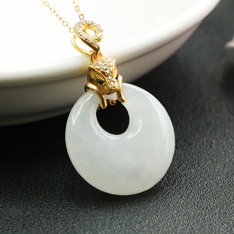 S925 Silver Natural Hetian Jade Pendant White Jade Safe Buckle Zircon Leopard Head Necklace
