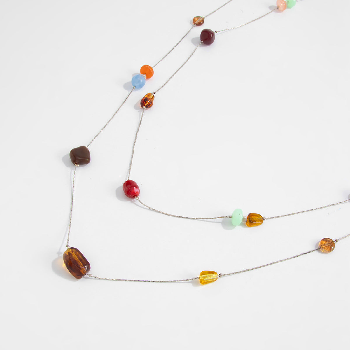 Retro Color Beaded Thin Chain Necklace Holiday Style Double-Layer Mixed Color Long