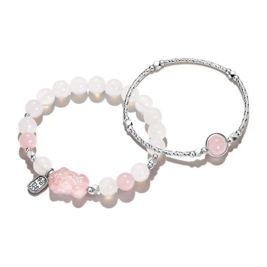 Luxurious Sterling Silver Pink Crystal Pixiu Bracelet with White Agate for Wealth and Fortune