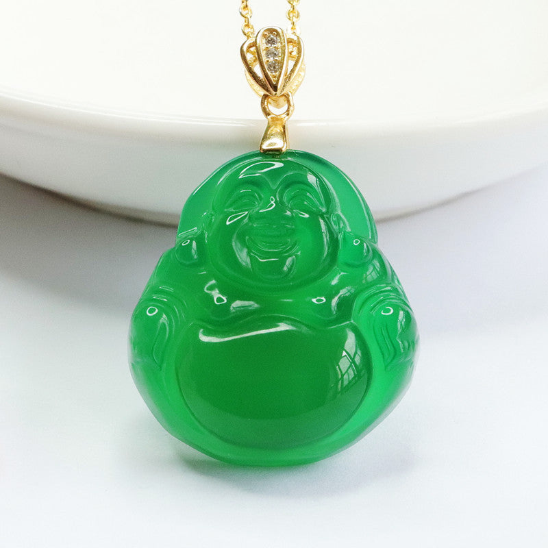 Buddha Pendant Golden Necklace with Natural Green Chalcedony in Sterling Silver