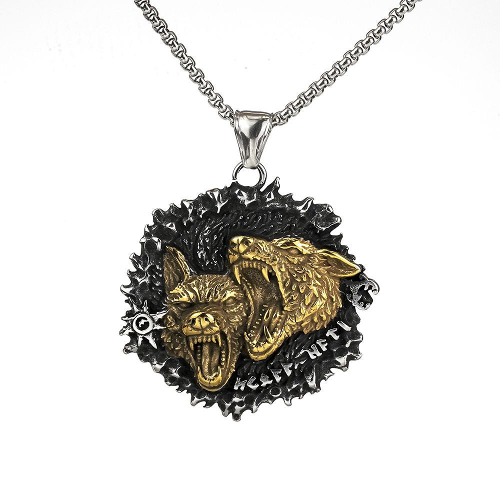 Nordic Vintage Viking Double Celtic Wolf Pendant Necklace for Men