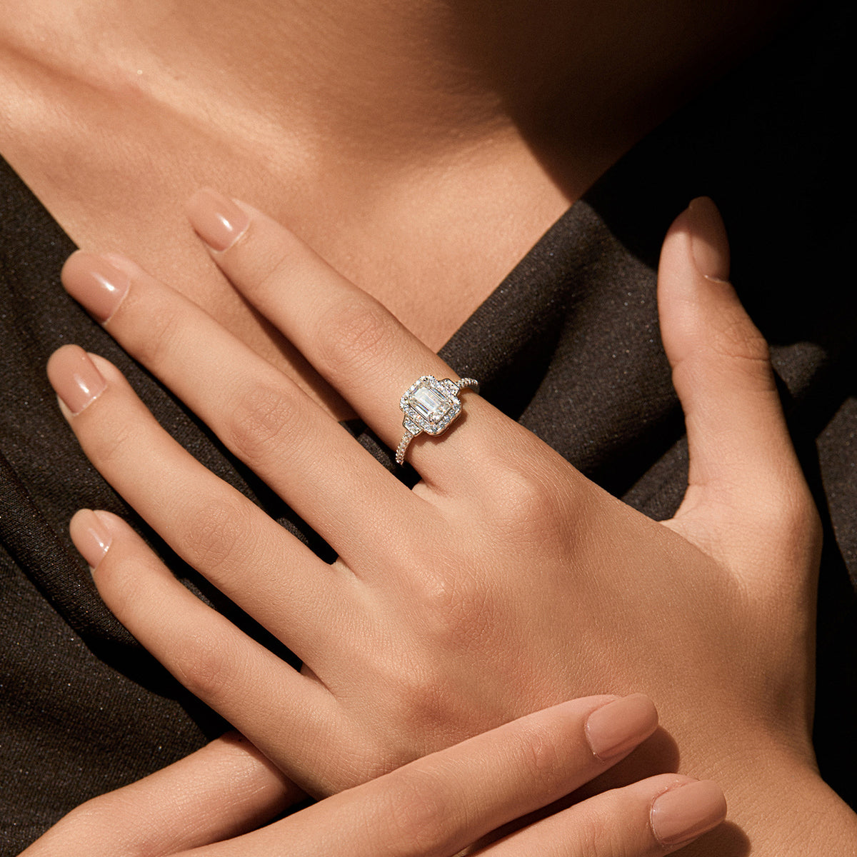 S925 Sterling Silver Emerald-Cut One-Carat Moissanite Ring