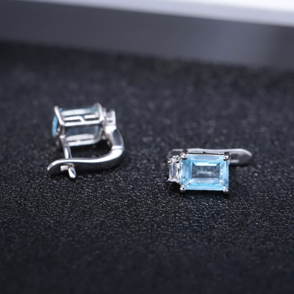 Emerald Cut Natural Blue Topaz Stud Earrings