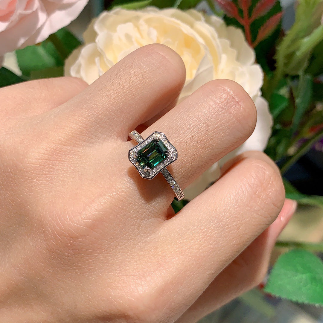 Soleste Halo 1.0 Carat Emerald Cut Green Moissanite Silver Ring