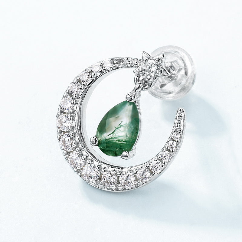 S925 Sterling Silver Moss Agate & Zircon Crescent Moon Stud Earrings