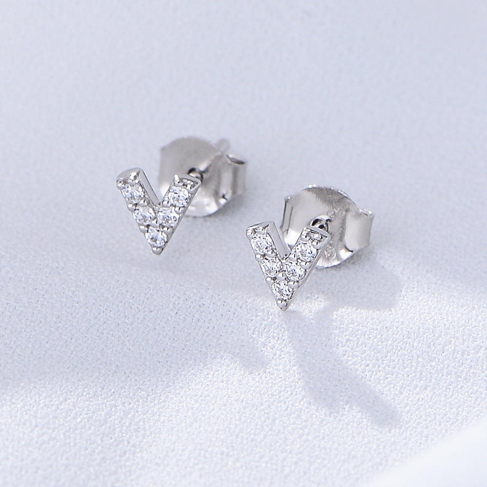 S925 Sterling Silver Zircon English Letter Stud Earrings Geometric Small Mini Earrings Ear