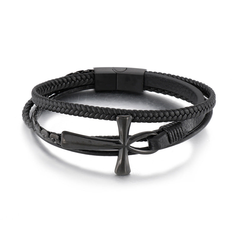Planderful Mens Cross Stainless Cowhide Bracelet Talisman