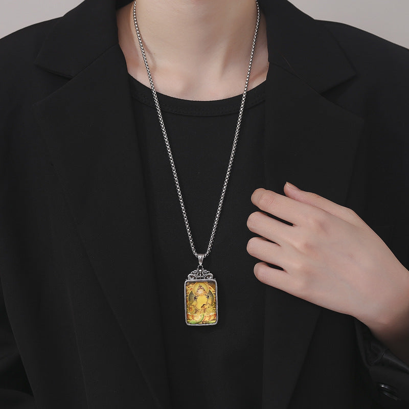 Steel Necklace - Vintage Ethnic Thangka Double-Sided Pendant For Everyday Boho Wear