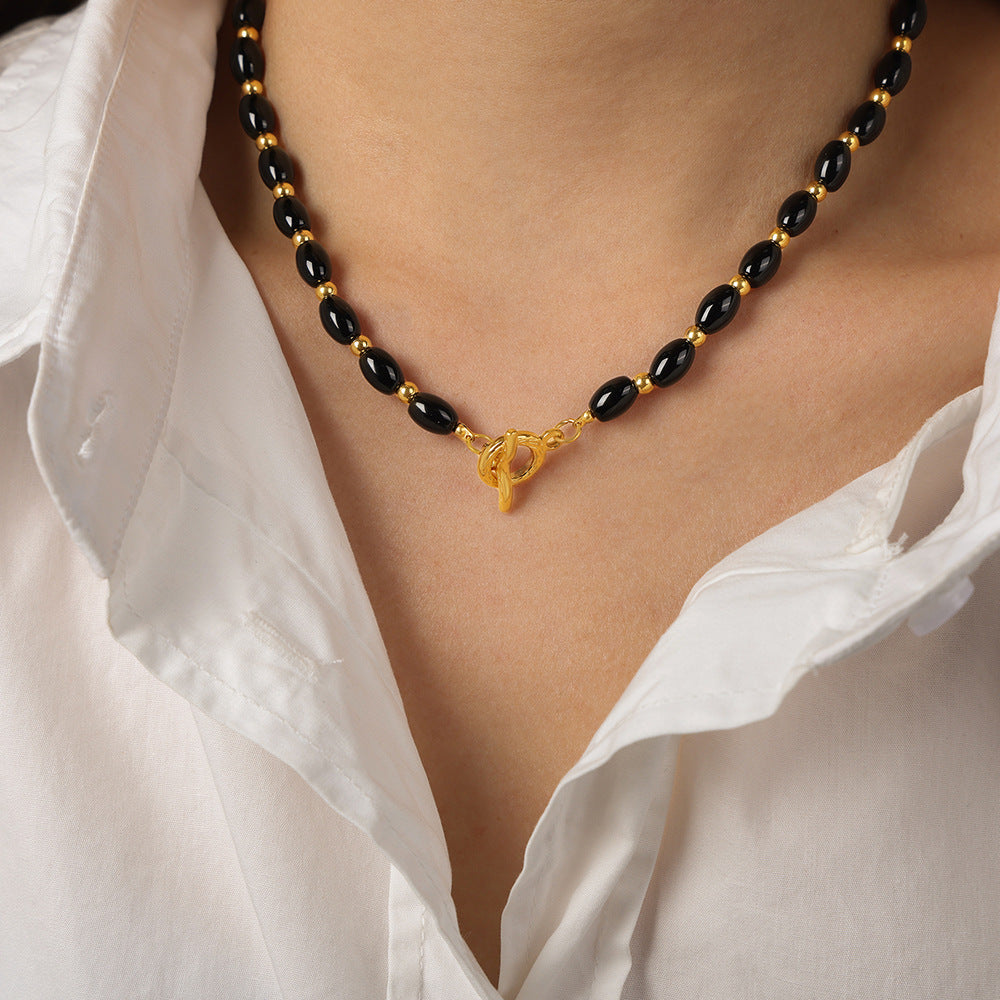 Opulent Black Agate Handmade Necklace with Elegant OT Buckle