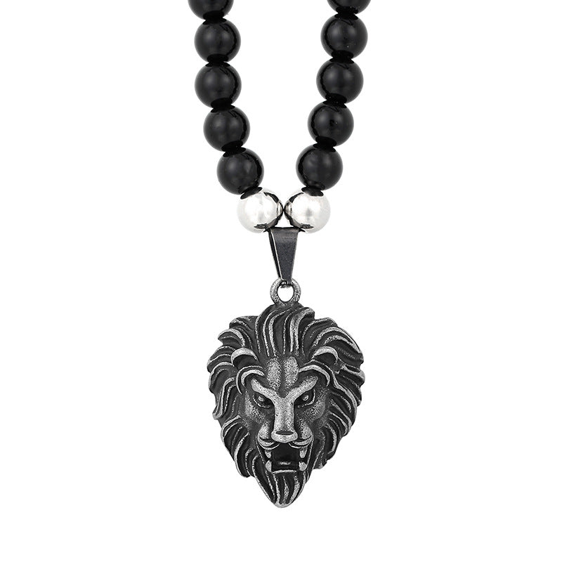 Retro Stainless Steel Men's Necklace with Black Agate Buddha Bead and Vacuum Electroplated Lion Head Pendant