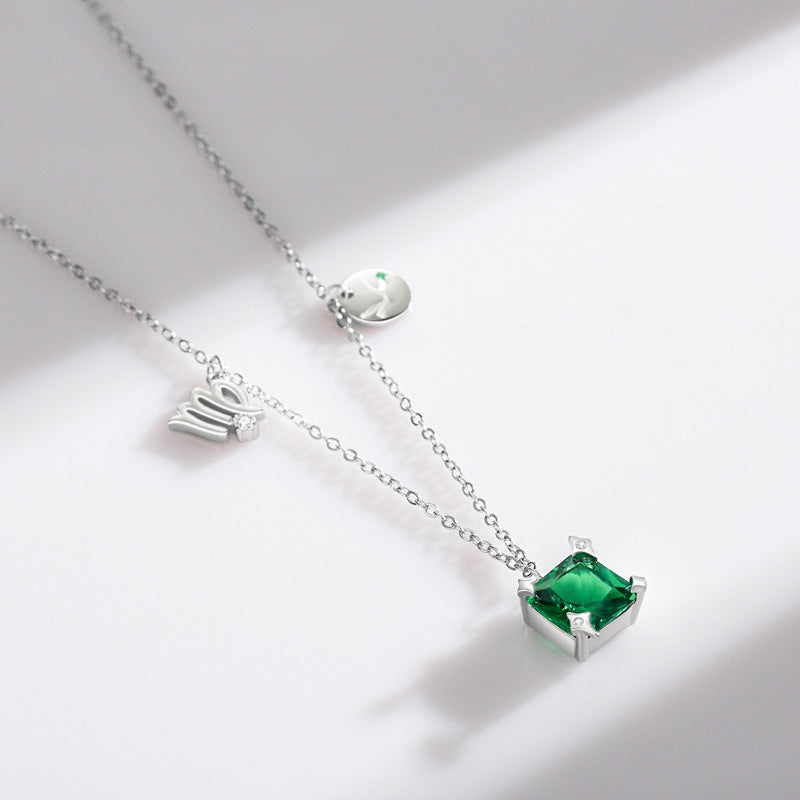 S925 Sterling Silver Green Zircon Necklace with Virgo Clavicle Chain