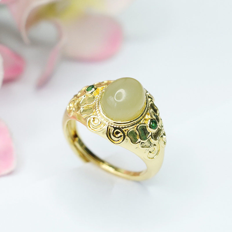 Luxurious Sterling Silver Hetian Jade Ring with Green Zircon Petals Pattern