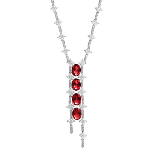 Oval Lab Created Ruby Beading Tassle Silver Necklace