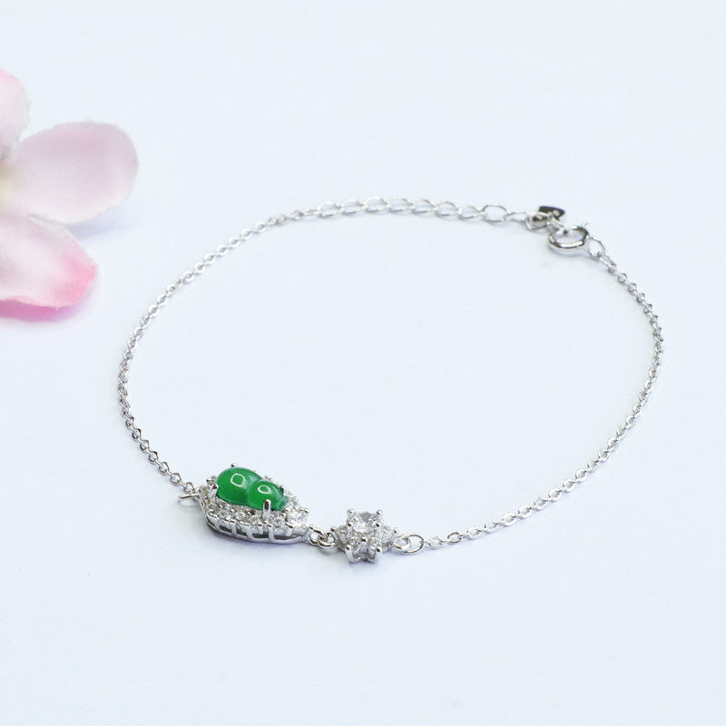Sterling Silver Bracelet with Natural Jadeite Ice King Green Gourd