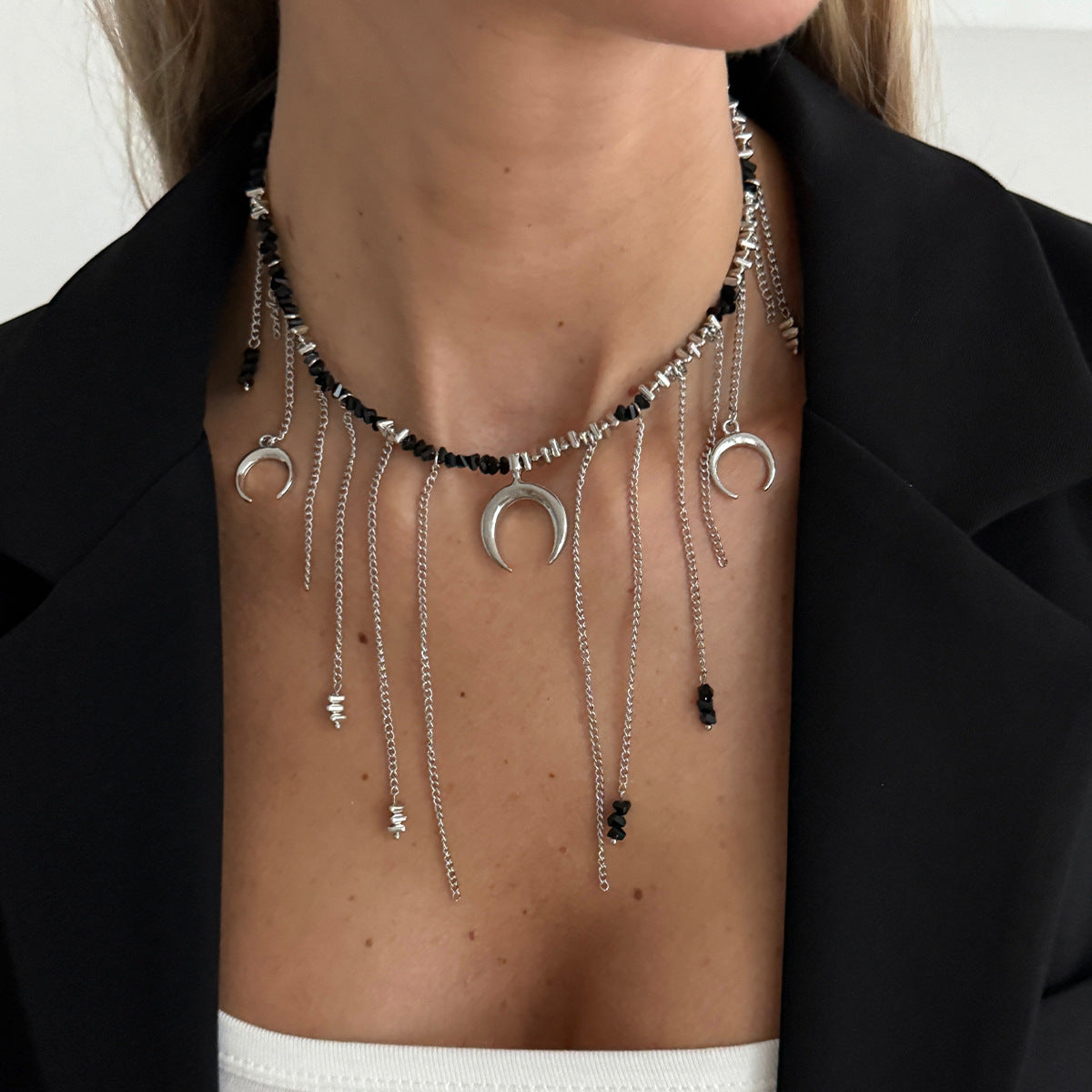 Crescent Bead Fringe Collarbone Necklace