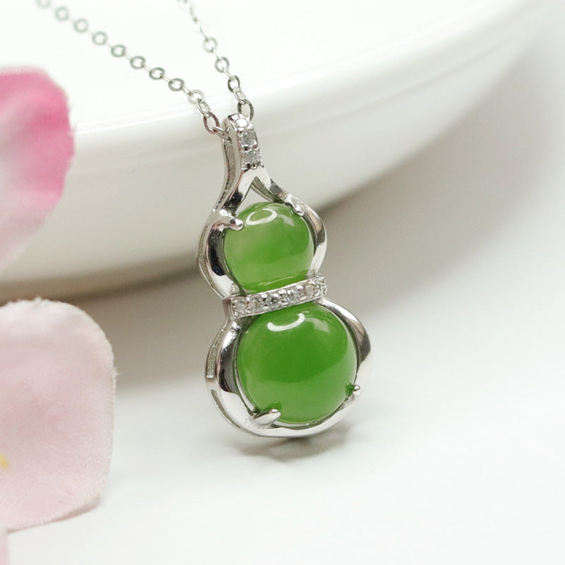 Hotan Jade and Russian Jasper Gourd Necklace with Sterling Silver Inlay