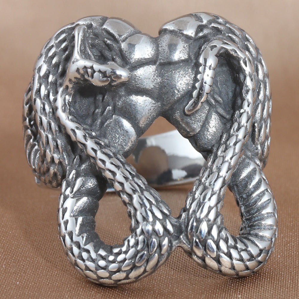 Retro Double Snake Titanium Steel Ring for Men - Trendy Stainless Steel Rattlesnake Accessory