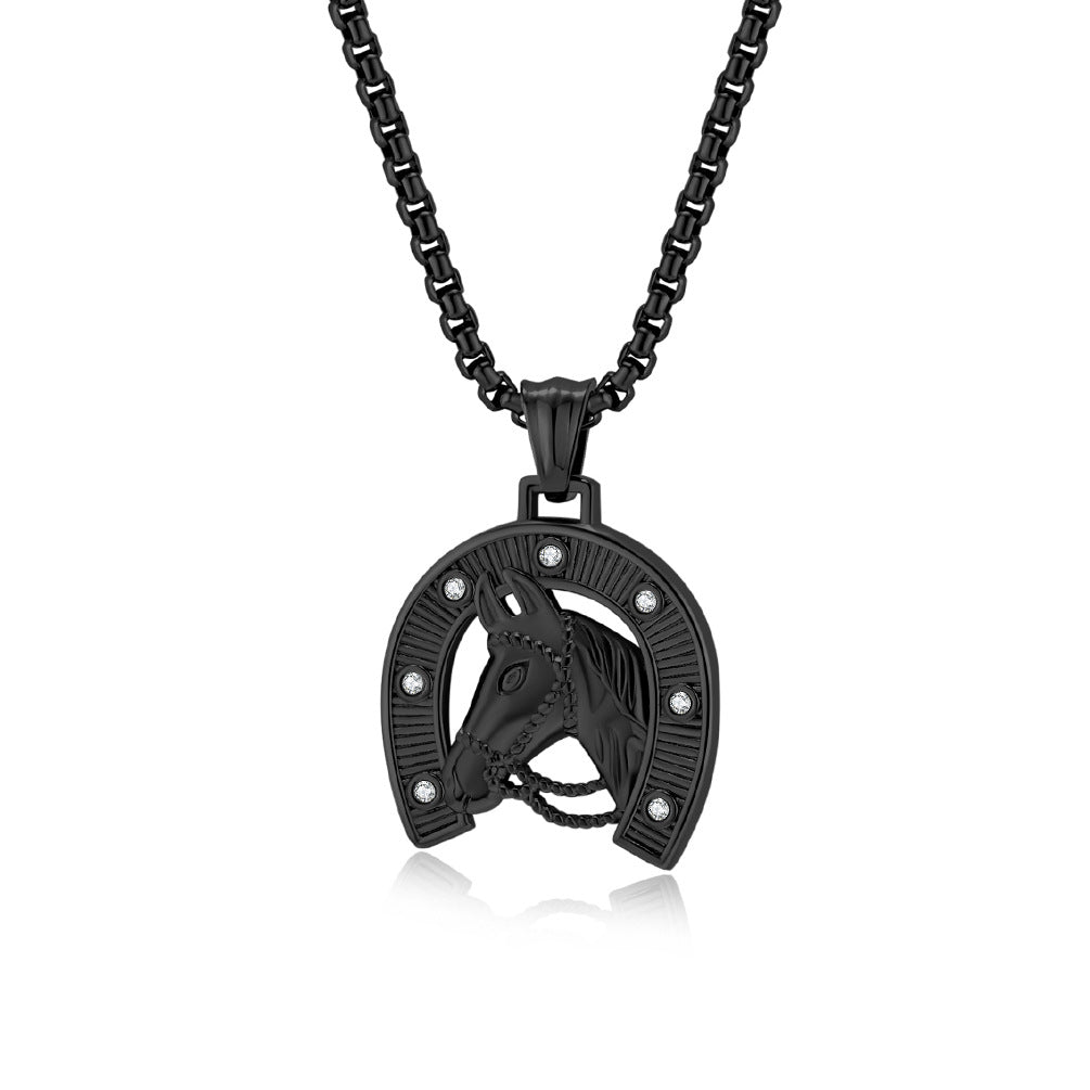 Planderful Horseshoe Horse Head Necklace For Men Retro Streetwear Niche Design Pendant Steel