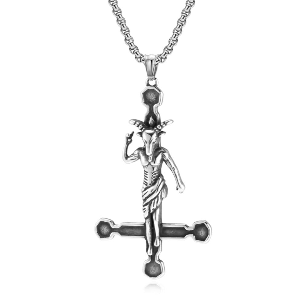 Cross-Border European And American Retro Style Devil Satan Goat Reverse Cross Necklace Niche Personality Pendant For Men