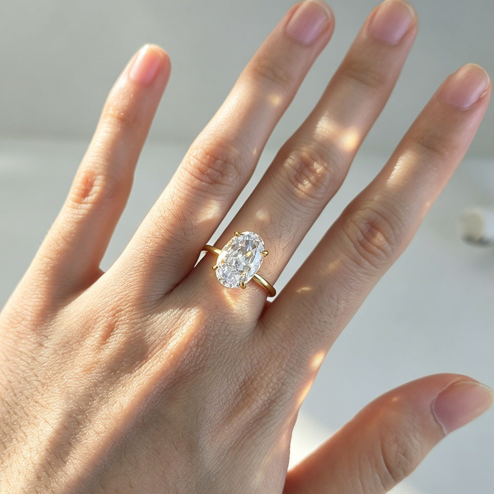 925 Sterling Silver Gold-Plated Simulation Diamond Oval 8 12 Ice Flower Cut Zircon Ring