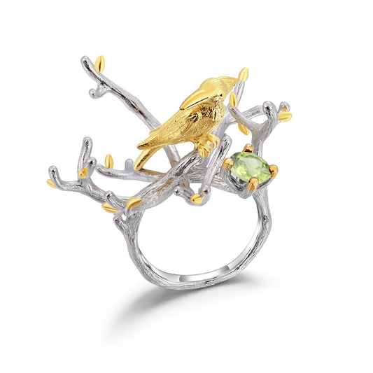 Creative Branches and Bird Natural Gemstone Silver Ring