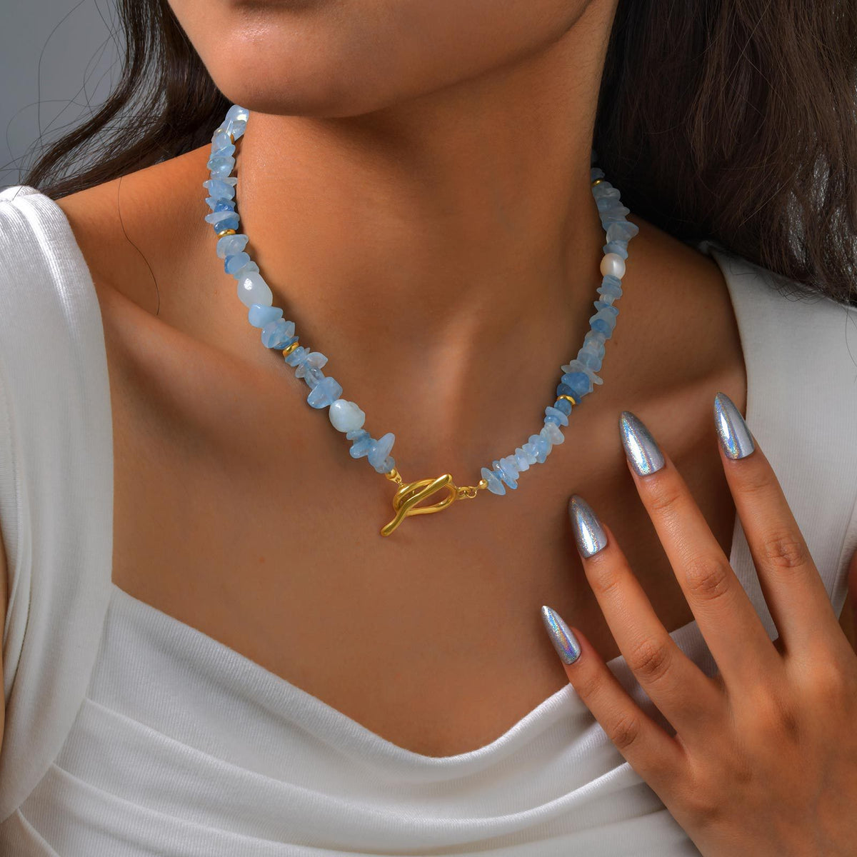 Summer Small Fresh Stainless Steel Toggle Clasp Aquamarine Irregular Natural Gravel Necklace