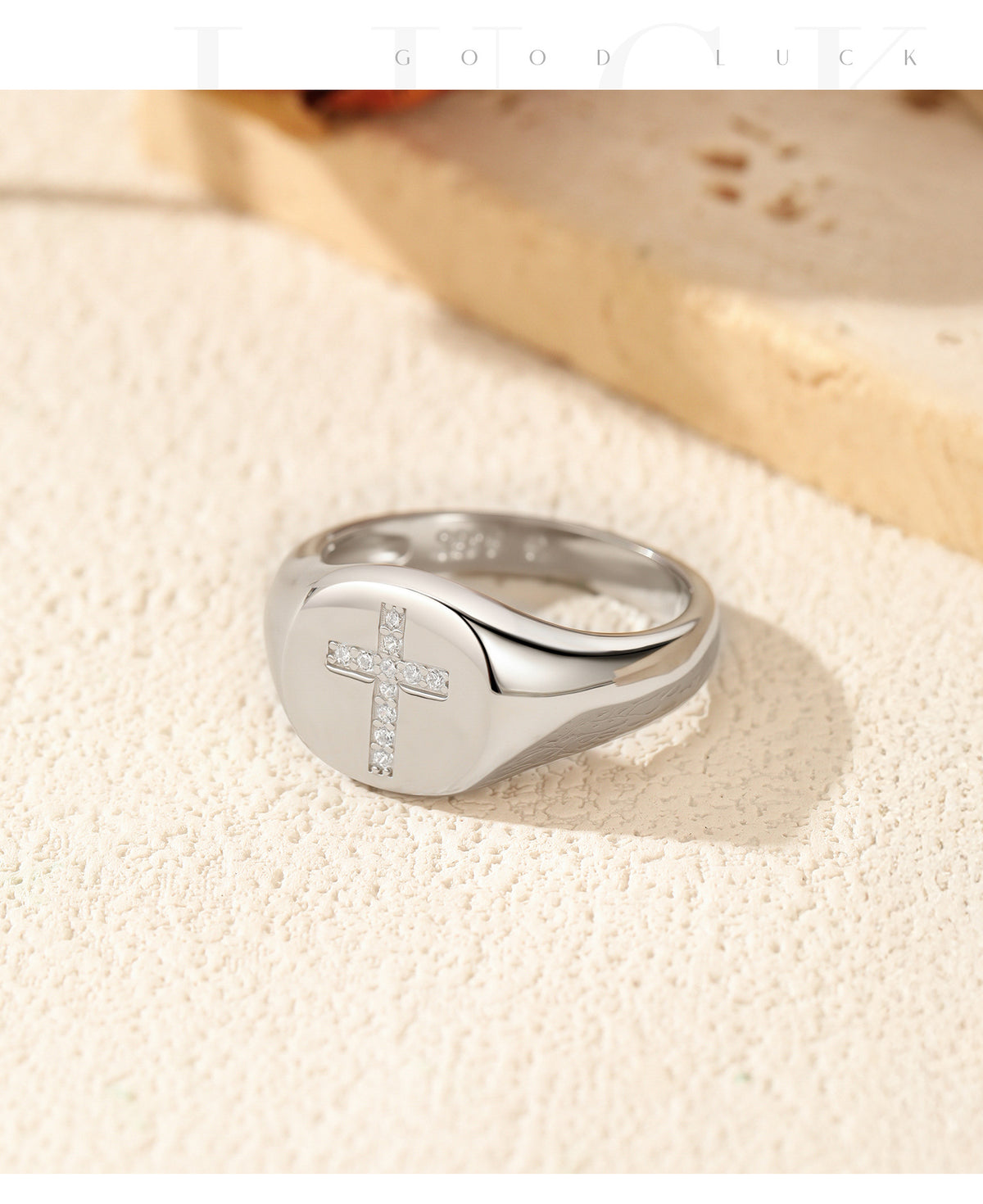 S925 Sterling Silver Cross Signet Moissanite Ring